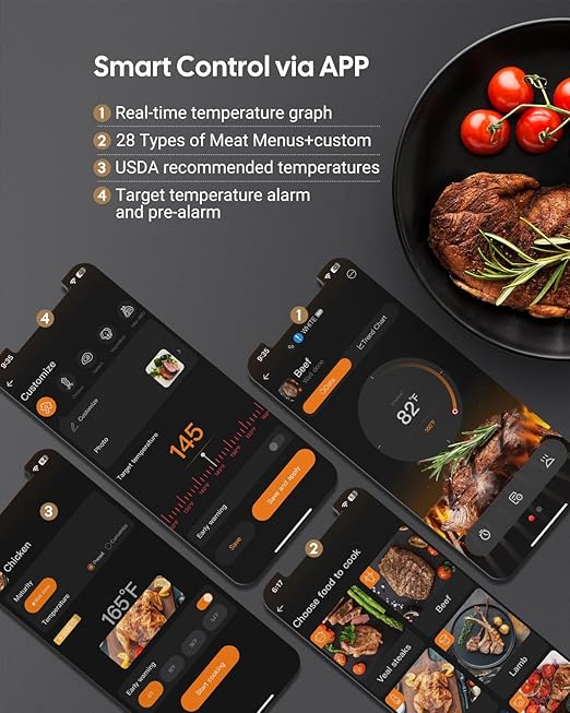 Wireless Meat Thermometer Dual Probes for Smoker, Fitflavor 5G WiFi Meat Thermometer Bluetooth for Grill BBQ, Smart Meat Probe for Food Cook Oven Grilling Rechargeable