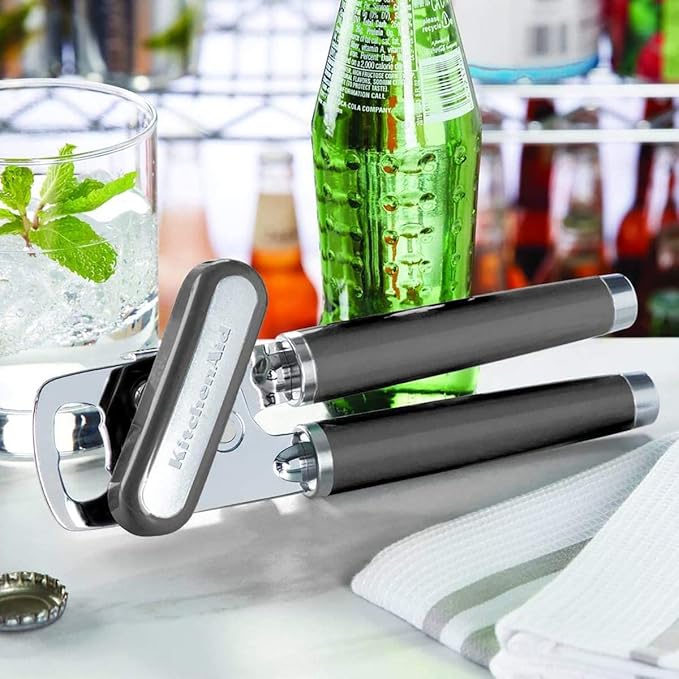KitchenAid Classic Multifunction Can Opener and Bottle Opener Easy to Use, Razor Sharp Stainless Steel Cutting Wheel, Soft Ergonomic Handles, Gray