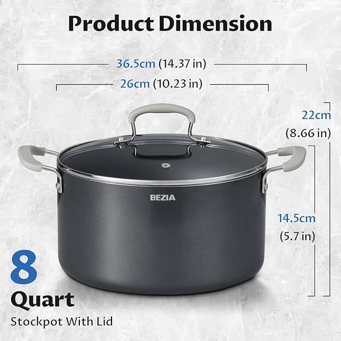 8 Quart Nonstick Stock Pot with Lid, BEZIA Ceramic Soup Pot with Lid, Induction Ready, Large Cooking Pot with Silicone Handle, Compatible with All Cooktops, Dishwasher Safe