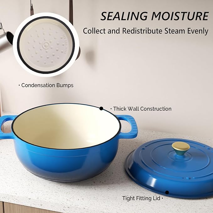 VINGLI 7.5QT Enameled Cast Iron Round Dutch Oven Pot with Lid, NonStick Casserole Pot with Dual Handles & Silicone GlovesRed, Oven Safe up to 500°F or on Stovetop, Dutch Oven for Bread Baking, Blue