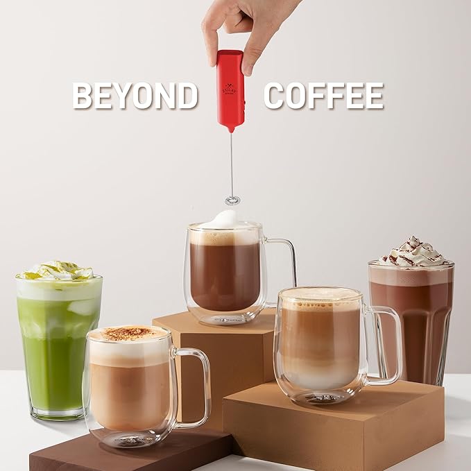 Mini & Mighty Milk Frother Wand – Powerful Handheld Coffee Frother, Battery Operated Drink Mixer – Compact Pocket Size – Detachable Whisk for Latte, Cappuccino, Matcha, Hot Chocolate – Red