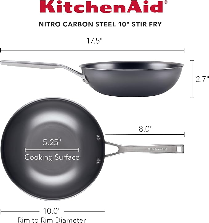 KitchenAid NITRO Carbon Steel Stir Fry Pan/Wok, Stainless Steel Handle, Compatible with All Cooktops, 10 Inch - Black
