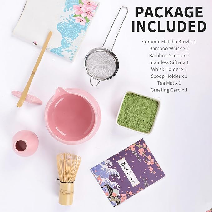 8 Pcs Matcha Whisk Set with Ceramic Bowl, Scoop Rest, Sifter, Tea Mat, Greeting Card, Whisk Holder, Bamboo Whisk and Scoop, Perfect Present for Friend Family Matcha Tea Lovers, Ceremony Kit