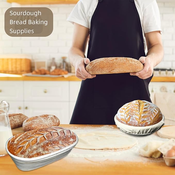 4 Color Complete sourdough bread makin Starter Kit,Sourdough Bread Baking Supplies for Beginner with Pot, Banneton Bread Proofing Baskets, Starter Jar, Scraper, Bread Making Tools & More (Orange)
