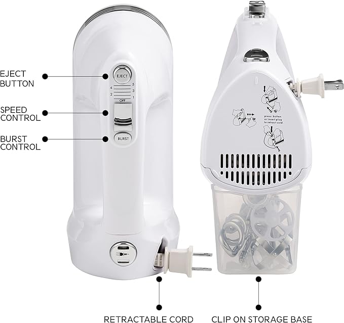 Kenmore Hand Mixer – 5 Speed Handheld Blender, Electric Egg Beater, Whisk, Dough Hooks, Storage Case, Turbo Boost for Cake Mix, Baking, Retractable Cord, Kitchen Appliances