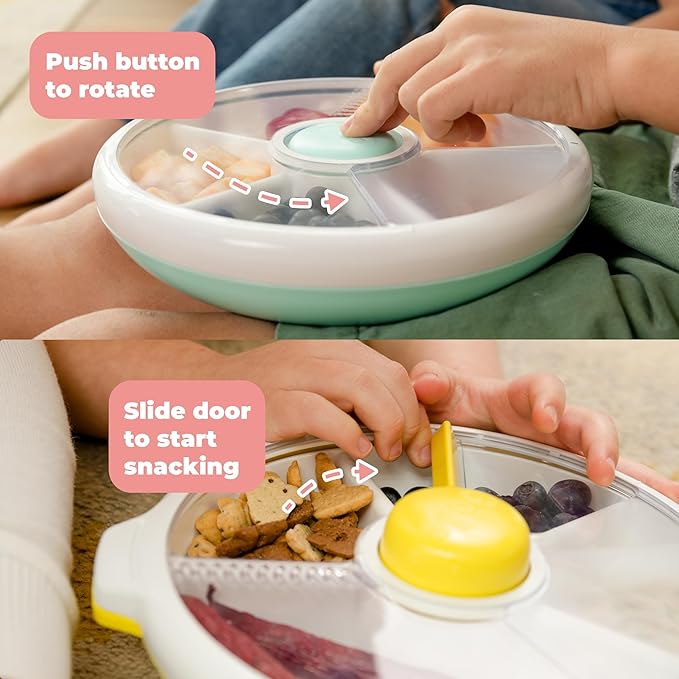 GoBe Kids Large Snack Spinner Slide Bundle with Hand Strap and Sticker Sheet - Reusable Snack Container with 4 Compartment Dispenser and Lid | BPA/PVC Free | Dishwasher Safe | No Spill - Macaron Blue
