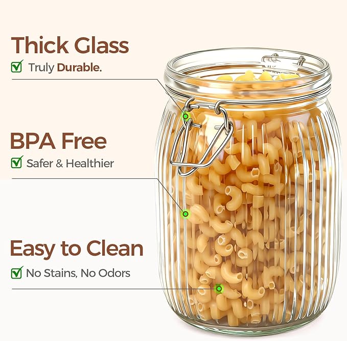 ComSaf Airtight Glass jar with lid 37oz Set of 3, Glass Storage Containers with Lids, Glass Canisters, Striped Clip Fastening Jar for Kitchen Canning, Tea, Pasta, Sugar, Beans, Cookie, Jam, Oat