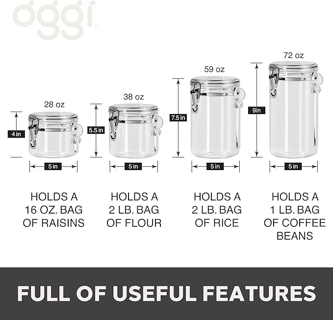 Oggi 4pc Clear Canister Set with Clamp Lids & Spoons - Airtight Food Storage Containers, Ideal for Kitchen & Pantry Storage of Bulk, Dry Food Including Flour, Sugar, Coffee, Rice, Tea, Spices & Herbs