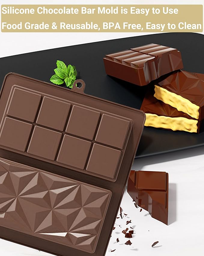 Silicone Chocolate Bar Mold, 1 Inch Deep, Large Candy Mould for Stuffed Bars and Fillings, 2 Pcs (brown02)