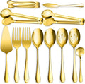 12 PCS Stainless Steel Serving Utensils, Large Spoons Slotted Spoons Forks Tongs, Ice Suger Tongs, Pie Server, Butter Knife, Coffee Spoons, Great for Buffet Catering Banquet Party, Gold
