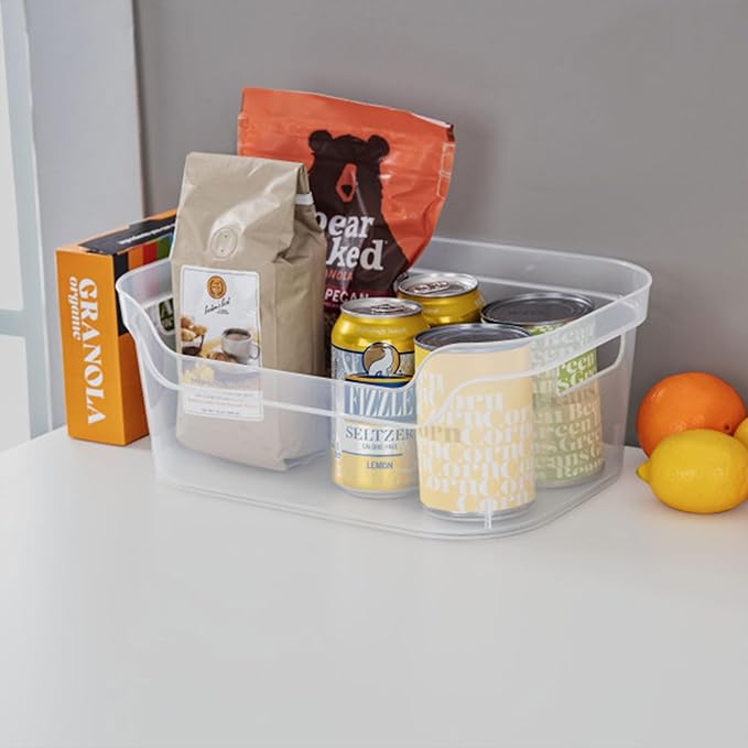 Sterilite 5.25x9.5x13 In Medium Polished Open Scoop Front Storage Bin w/Comfortable Carry Through Handles for Household Organization, Clear (32 Pack)