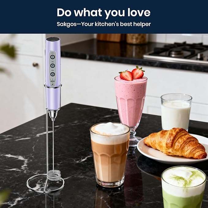 Milk Frother with Stand Rechargeable- Handheld Coffee Frother with 3 Stainless Whisks 3 Speed Adjustable, Electric Whisk Drink Mixer, Foam Maker Blender for Matcha Latte Cappuccino Chocolate
