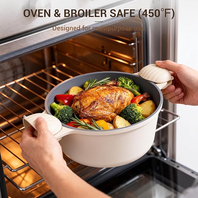 Ammeloo 8-Piece Non Stick Stock Pot with Lid, Ceramic Cooking Pot Set, 4.5 Qt All-in-One Non Toxic Soup Pot for All Stoves, Easy to Clean & Dishwasher Safe, Oven Safe, Induction Ready, PFOA PFAS Free