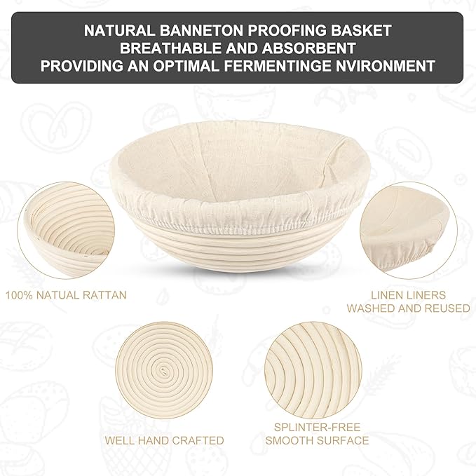 Sourdough Starter Kit, Baking Supplies Set with 2 Banneton Proofing Baskets, 24oz Sourdough Jar, Silicone Pastry Mat, Bread Sling and Essential Tools for Bread Making