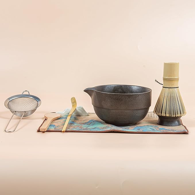Matcha Set 7-Piece Tea Set with Brush, Bowl, Whisk, Strainer, Chasen, for Matcha Tea Ceremony (Black)