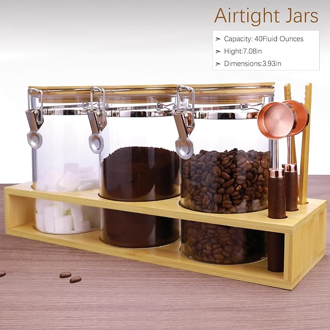 Glass Coffee Storage Containers with Bamboo Shelf,Ground Coffee Holder Jars,Airtight Glass Countertop Storage Jar Canisters with Spoon for Coffee,Loose Tea,40 Fluid-oz,Pack of 3