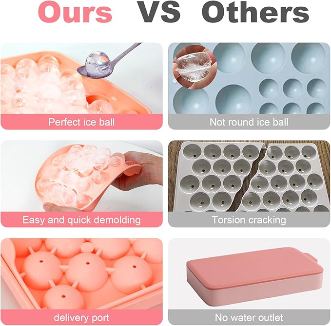 2 PCS Round Ice Cube Mold with Lid for Freezer Stackable Round 25-Ball Silicone Ice Ball Mold Easy to Release, Small Ice BPA-Free Trays for Freezer for Whiskey, Cocktail, Chilling (Pink)