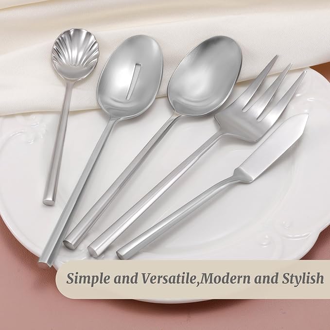 DEACORY 5-Piece Silverware Stainless Steel Matte Finished Flatware Thick Heavy Hexagon Cutlery Serving Utensils Set