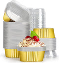 EUSOAR Baking Cups with Lids, 10oz 100pcs Gold Aluminum Foil Oven Loaf Pan Disposable Ramekins Liners for Pie Quiche Flan Soufflé Creme Brulee, Cake Pan Custard Cups Set for Dinner Wedding Banquets