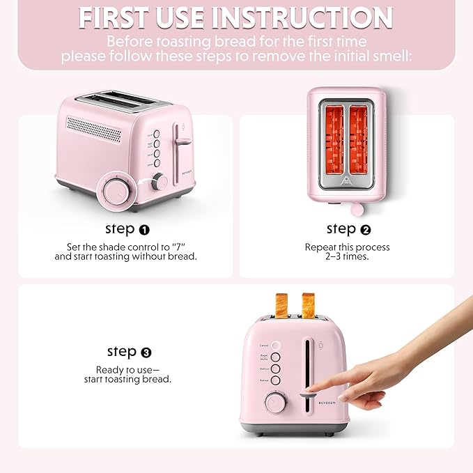 BUYDEEM DT620 2-Slice Toaster, Extra Wide Slots, Retro Stainless Steel with High Lift Lever, Bagel and Muffin Function, Removal Crumb Tray, 7-Shade Settings,Pink