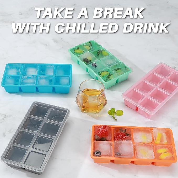 Large Ice Cube Trays, JRISBO 2 Pack Reusable Silicone Ice Cube Molds with Lid for Freezer, Easy Release 16 Big Square Ice Trays for Whisky Cocktails
