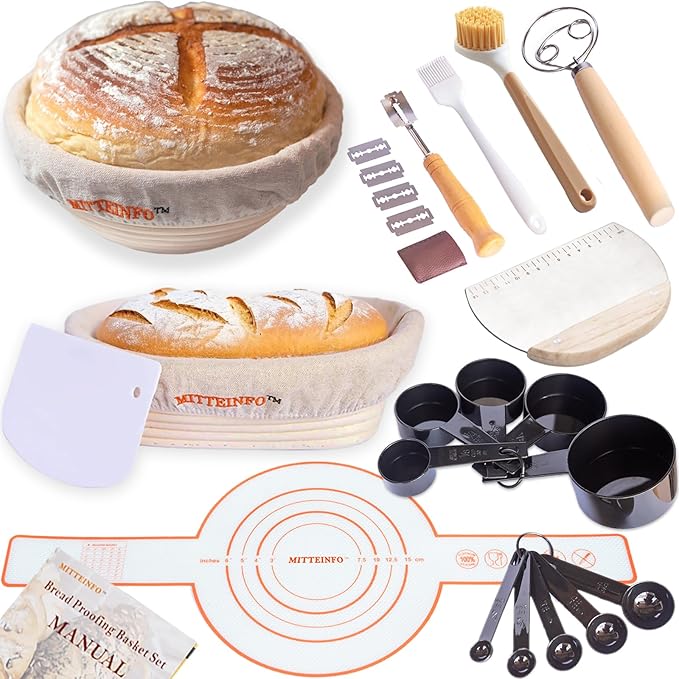 Banneton Bread Proofing Basket Set (9" Round + 10" Oval) with Sourdough Bread Baking Supplies | complete Artisan Baking Tools & Natural Rattan Supplies | All-in-One Gift Set