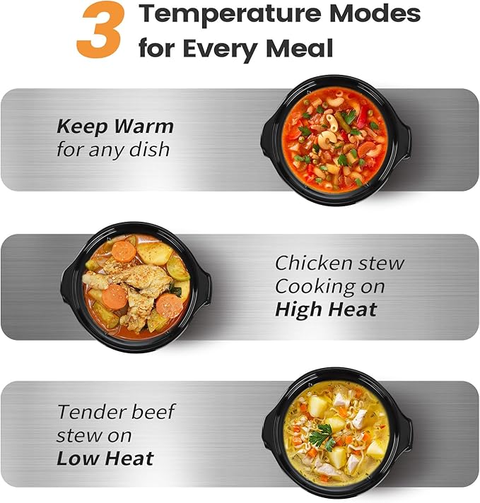 KOOC Small Slow Cooker, 2 Quart, Free Liners Included for Easy Clean-up, Upgraded Ceramic Crock, Adjustable Temp, Nutrient Loss Reduction, Stainless Steel, Silver, Round