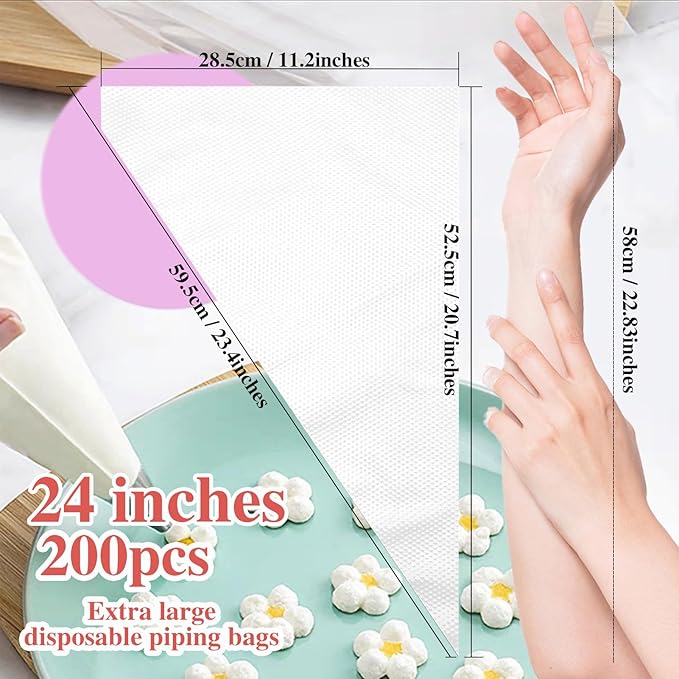 24 Inch Extra Large Piping Bags, 200 PCS Clear Disposable Icing bags, Thickened Non-Slip and Anti-Burst Pastry Bags for Baking and Decorating Desserts Cakes Cookie