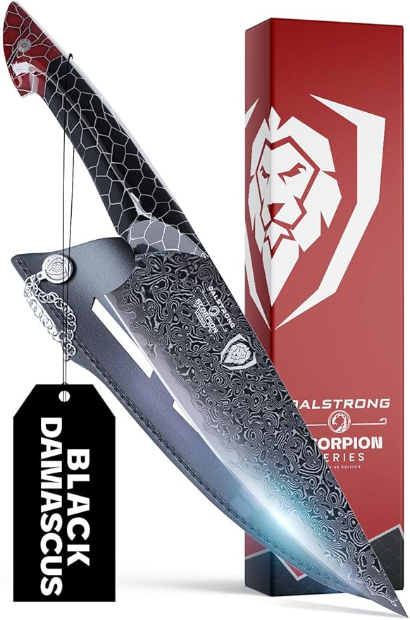 Dalstrong 8 in Chef Knife - Scorpion Series - Exclusive Japanese V12 Ultra™ Steel - Black Damascus - Black & Red Honeycomb Resin Handle - w/ 8 inch chef knife sheath
