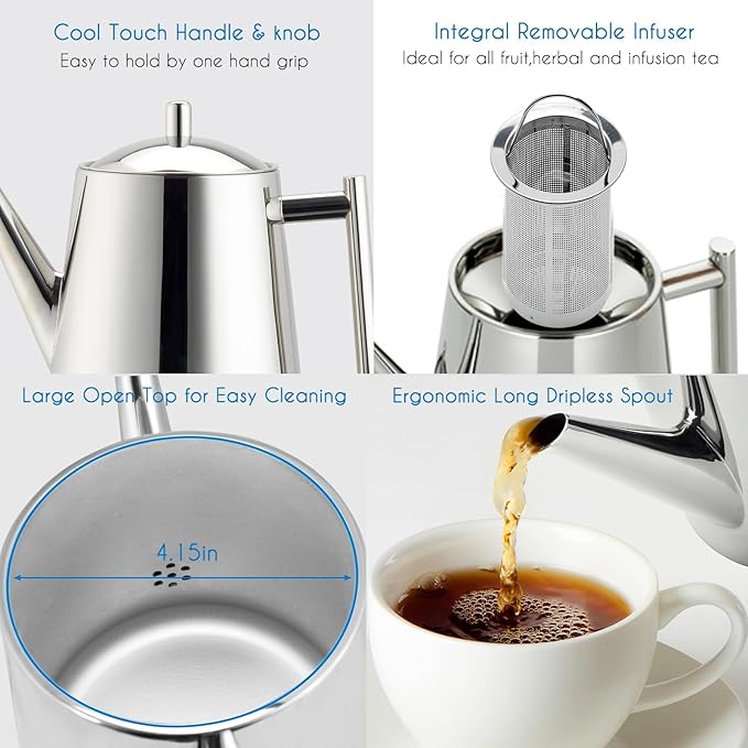 Easyworkz Stainless Steel Double Wall 34 oz Tea Pot with Removable Tea Infuser, Perfect for Brewing Your Favorite Tea, Chrome