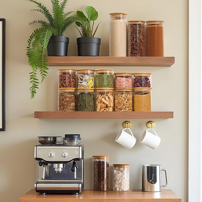 ComSaf Glass Food Storage Jars Set of 6, Tall Glass Storage Containers with Lids, Spaghetti Jar, Canisters Set for the kitchen, Pasta, Flour, Nuts, Oat, Coffee and Sugar Container, Pantry Organization