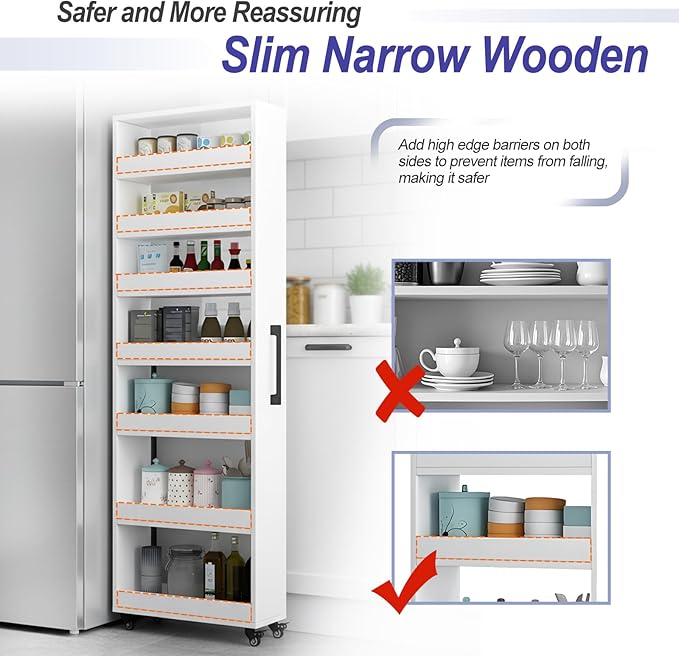 7-Tier Slim Storage Cart, Wooden Rolling Pantry Cabinet with Wheels, Narrow Shelf Organizer for Kitchen, Bakers Rack, Dining Room, Closet, Small Spaces Warm White 73.2" H*7.8" W*23.6" D