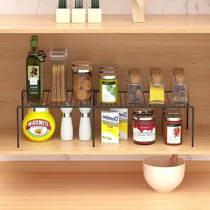 Kitchen Cabinet Expandable Shelf Organizers Set of 4, Adjustable Metal Wire Pantry Storage Shelves, Plate Dish Organizer Rack for Cabinets, Cupboard, Counter, Freezer, Countertop, Black