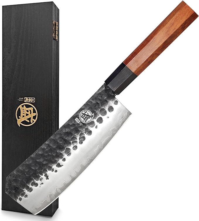 MITSUMOTO SAKARI Boning Knife 7 inch - Hand Forged Japanese Meat Cleaver Knives, 3-Layer 9CR18MOV High Carbon Steel, Rosewood Handle & Sandalwood Box