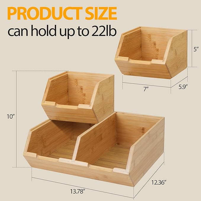 Pantry Storage Bins 3-Pack, Stackable Bamboo Containers for Potato & Onion Storage, Kitchen Organization & Decor (3pack)