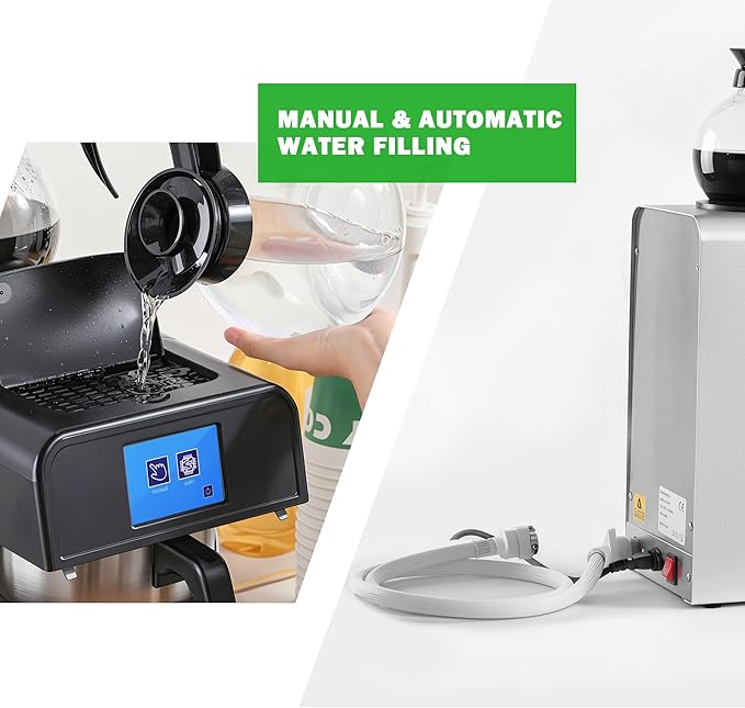 12 Cup Commercial Drip Coffee Maker Set, 1.8L Auto Filling Coffee MAKER with water line and LCD Control & 1.8L Manual Filling Coffee Maker with, Stainless Steel, 2 Warmers, 2 Cafafes, for Restaurant