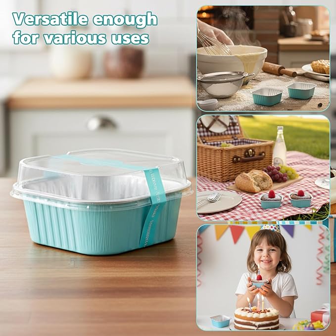 Ruckae 5oz 100 Pcs Square Mini Loaf Pans with Lids-Disposable Foil Dessert Containers,Mini Cake Pans with Lids,Aluminum Dessert Cups for Parties and Weddings (Light Blue, 5oz)