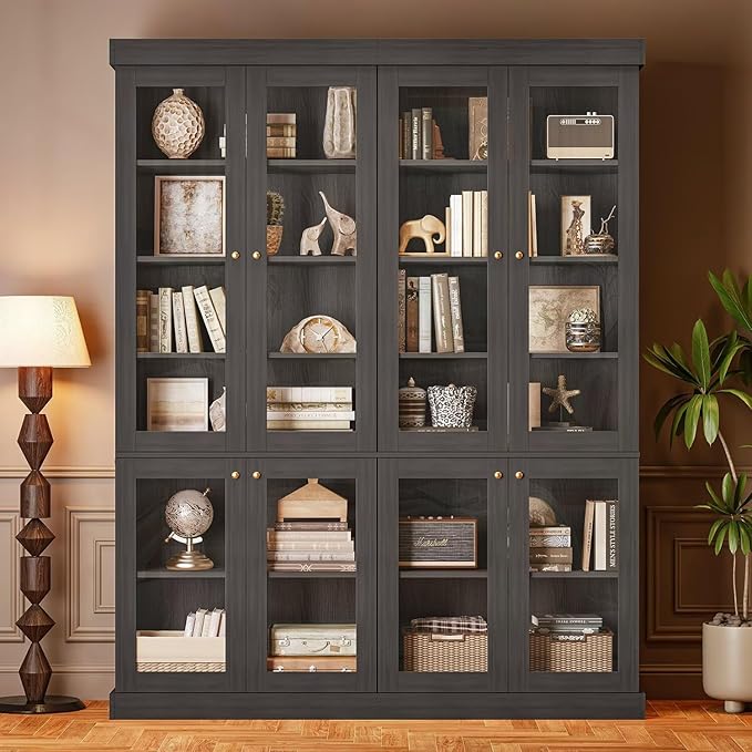 70.8" Tall Black Bookshelf with Glass Doors, Farmhouse Modular Bookcase with 6-Tier Adjustable Shelves, Large Storage Cabinet for Home Office, Living Room, Set of 3
