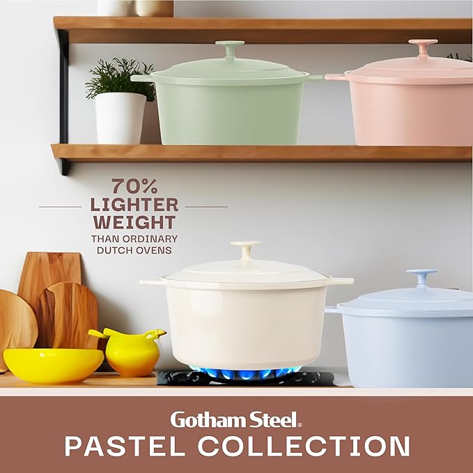 Gotham Steel 5 Qt Lightweight Ceramic Dutch Oven Pot with Lid, Nonstick Sourdough Dutch Oven for Bread Baking, 10 in 1 Stock Pot Ovens for Pasta, Spaghetti, Bread and More, Pots for Cooking