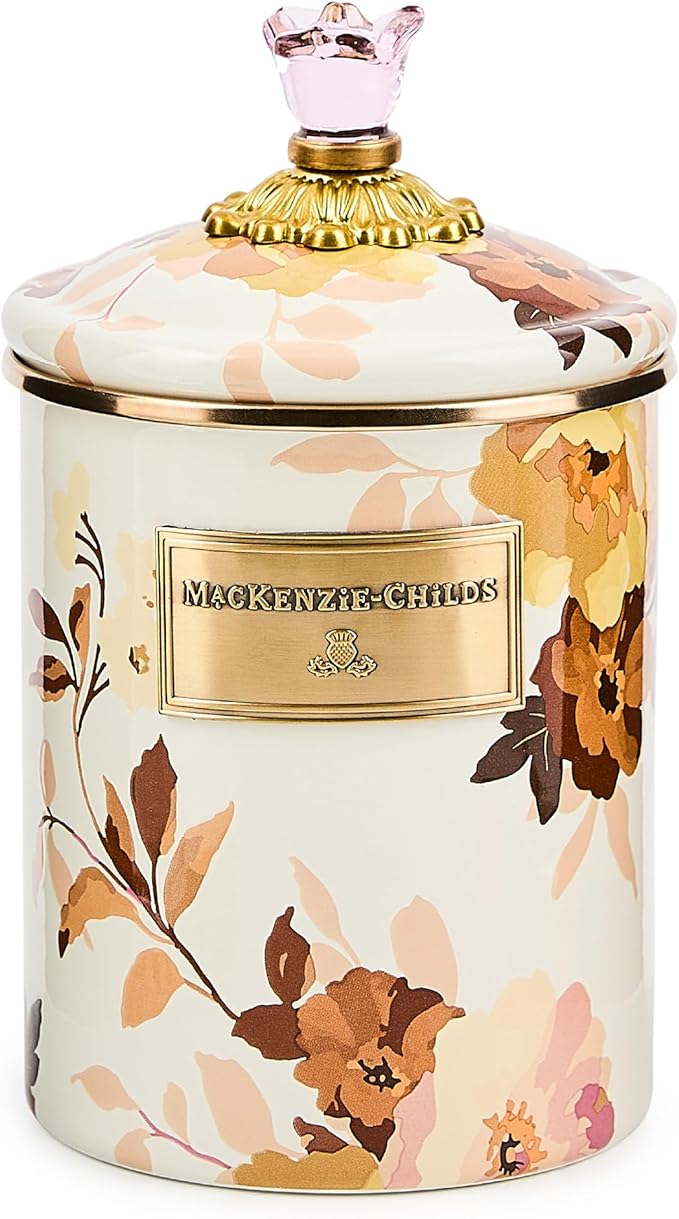 MACKENZIE-CHILDS Enamel Canister, Kitchen Storage Container with Lid, Medium, Wild Rose White