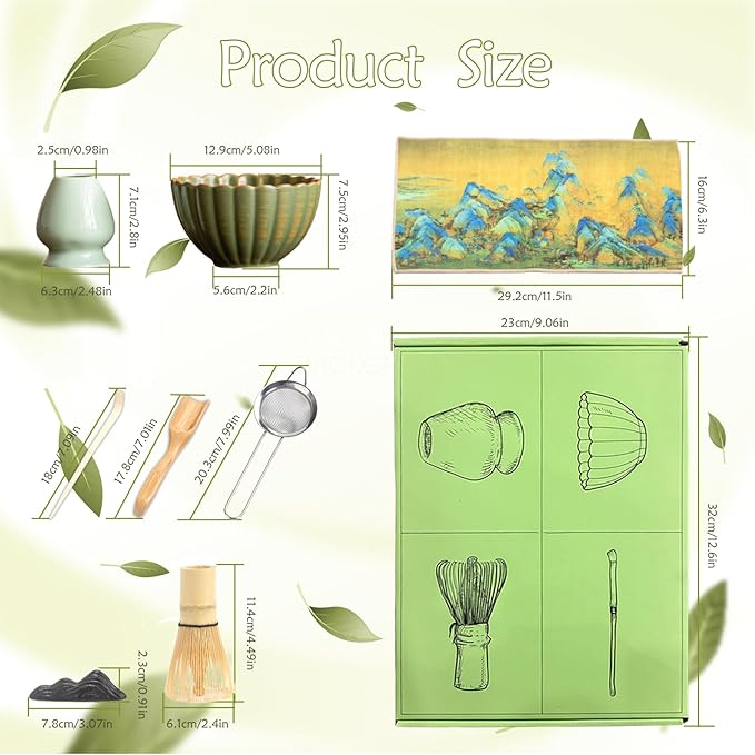 8PCS Matcha Whisk Set - Matcha Set Ceramic Whisk and Bowl, Japanese Buucup Matcha Set with Bamboo Whisk, Sifter, Scoop, Holder & Tea Towel for Traditional Matcha Ceremony (Green)