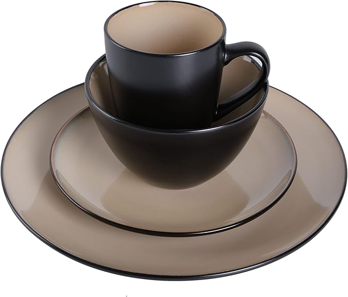 Gibson Elite Soho Lounge 16-Piece Round Reactive Glaze Stoneware Dinnerware Set, Service for 4 – Taupe Plates and Bowls