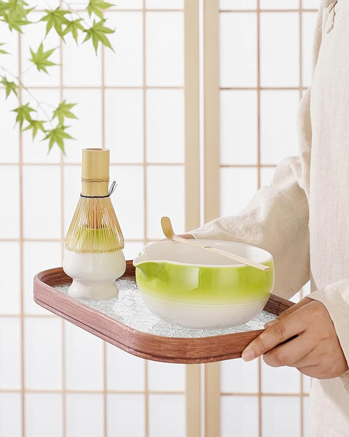 ZENS Matcha Whisk Set, 5pcs Matcah Kit Includes Ceramic Bowl with Spout, Handcrafted Bamboo Whisk, (Chasen) Holder, Scoop & Tea Mat, Matcha Set Gift for Tea Ceremony, Green