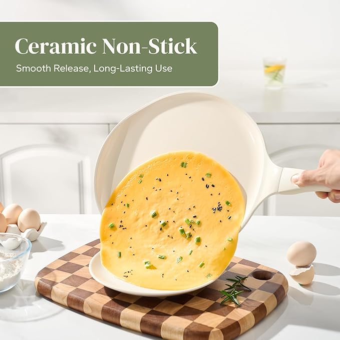 Redchef Nonstick Crepe Pan Nonstick 12 Inch with Ceramic Coating, Non Stick Flat Skillet, Professional Pancake Griddle Pan, Induction Compatible, PFAS/PFOA/PTFE Free, Stay-Cool Handle (Beige White)