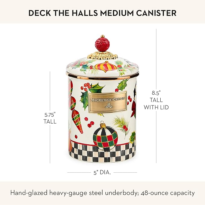 MACKENZIE-CHILDS Enamel Canister, Kitchen Storage Container with Lid, Medium, Deck the Halls