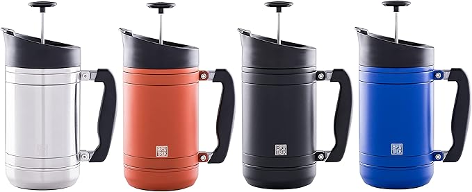 BruTrek BaseCamp Coffee Press - Double Wall Insulated Stainless Steel - Bru-Stop Technology, No Grounds in Coffee, No Spill Lid (Obsidian, 32 fl.oz)