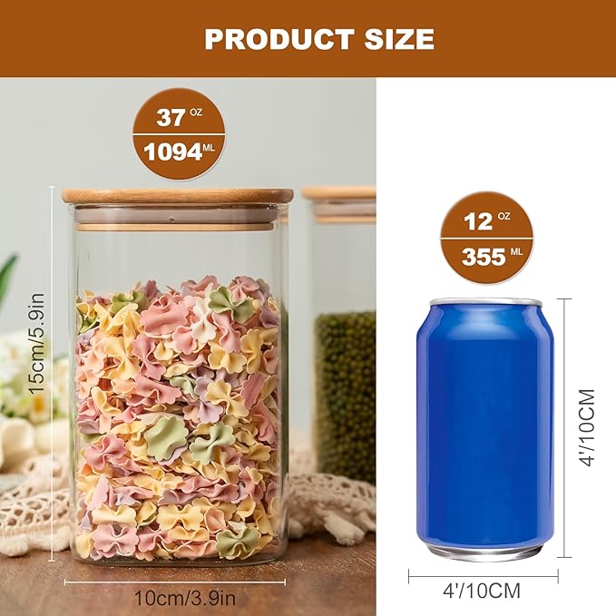 Liuruiyu Glass Food Storage Jars 37 oz Set of 6,Glass Storage Containers Clear Glass Food Canister with Bamboo Lid Airtight For Serving Tea,Coffee,Flour,Sugar,Candy,Cookie,Spice and More (Square)