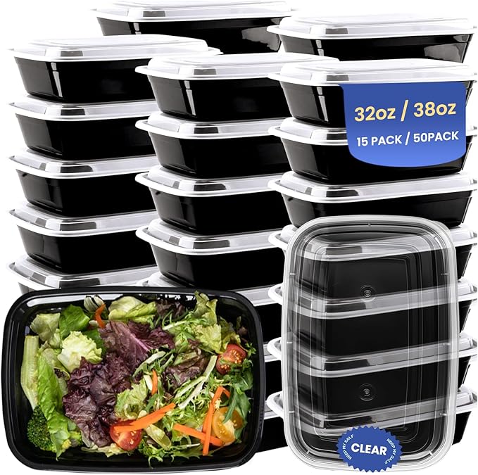 32oz 15 Pack Meal Prep Containers Reusable BPA-Free, Disposable Food Storage Containers with Lids, Bento Box Leakproof To Go Food Containers, Microwave Freezer Dishwasher Safe