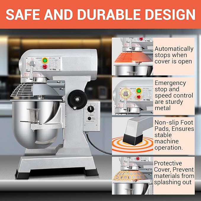 15 QT Bread Mixer, Commercial Industrial Grade Food Stand Mixer with Stainless Steel Bowl and 3 Types of Mixing Tools, Built for Professional Baking: Effortlessly Handles Large Recipes