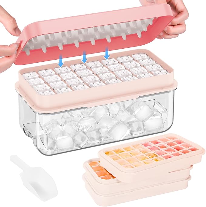 PHINOX Ice Cube Tray with Lid and Bin, 3 Pack Plastic Ice Cube Tray Molds, 96(4 * 8 * 3) pcs Ice Trays for freezer, Chilling Drinks, Whiskey & Cocktails, with Ice Container and Ice Scoop, BPA-Free